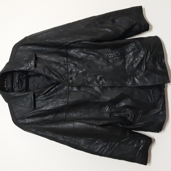 Perry Ellis men leather jacket pea coat in size L y2k black button down winter - Picture 2 of 7